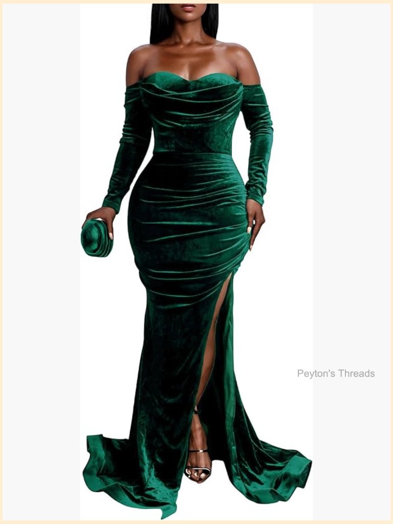 Off Shoulder Velvet Long Sleeve Formal Maxi Dress High Split Mermaid